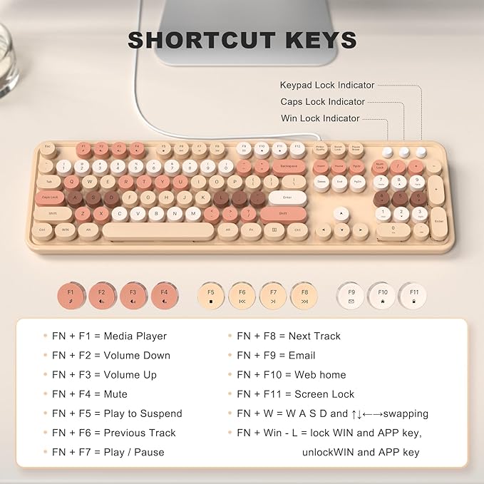 Colorful Computer Keyboards Wired, USB Plug and Play Full Size Typewriter Keyboard, Cute Aesthetic Keyboard with Foldable Stands for Windows PC Laptop (Milk Tea)