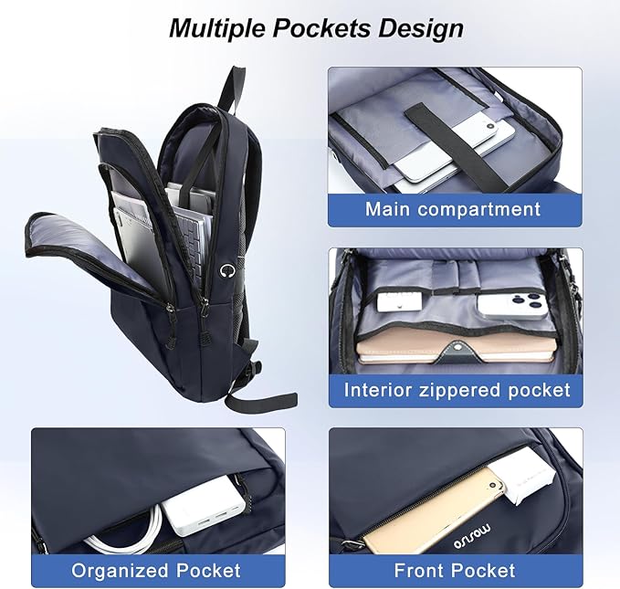 MOSISO Laptop Backpack for Men, Slim Lightweight Compact Computer Backpack for College Work Business Office Travel, 15.6 inch Waterproof Commute Laptop Bag Casual Daypack with Luggage Strap, Navy Blue