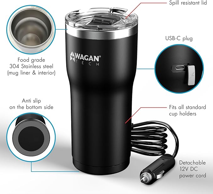Wagan EL6101 12V Travel Car Heated Mug Portable 16oz Stainless Steel Anti-Spill Lid Slip Resistant Base Car Coffee Warmer Coffee Cup (Black)