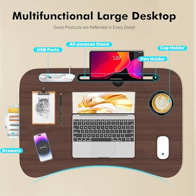 Lap Desk for Bed Adjustable Height, Foldable Bed Table with Storage Drawer, Tablet Slot & Cup Holder, Portable Laptop Stand for Bed & Sofa, Bed Desk for Adults & Kids, Walnut