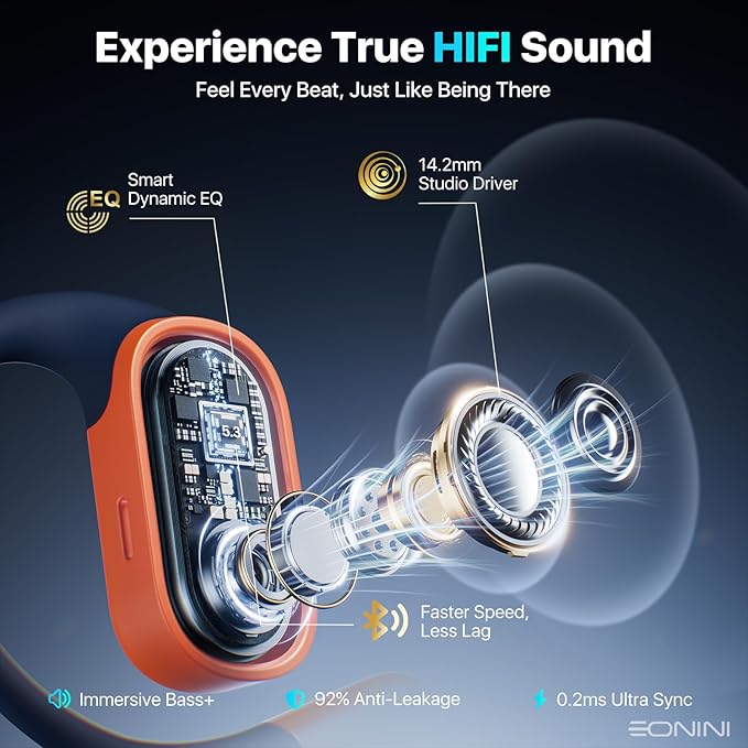 2025 Open Ear Earbuds Wireless Bluetooth Headphones, Earhook Sports Earphones with Mic, 40Hrs Playtime, Smart Digital Display, IPX5 Waterproof for Running, Gym, Cycling(Orange)