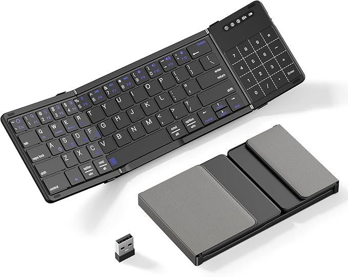 XIWMIX 2-in-1 Foldable Bluetooth Keyboard with Touchpad & Number Pad, Multi-Device Folding Wireless Rechargeable Portable Travel Keyboard for iPad,Laptop,PC,Compatible with Windows,iOS,Android,MacOS