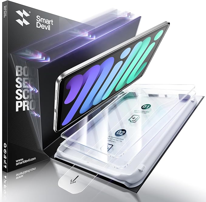SMARTDEVIL Screen Protector for iPad Mini 7th/6th Generation(8.3 inch, 2024/2021) with Easy Installation Frame, 9H Clear Tempered Glass Film, Anti-Shatter, 2 Pack