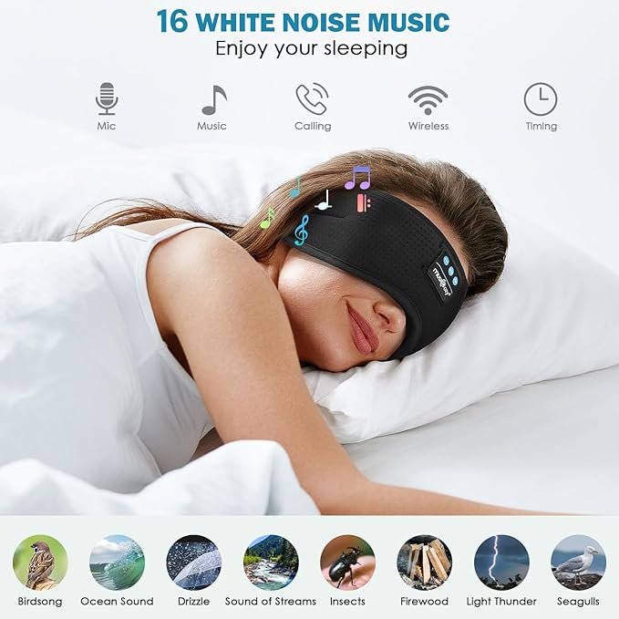 MUSICOZY Sleep Headphones, Bluetooth Sleeping Mask Headband Headphones Eye Mask, Wireless Music Earbuds Earphones with HD Ultra-Thin Stereo Speakers for Side Sleepers Men Women