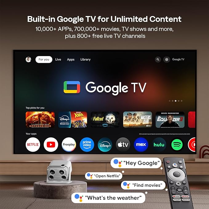 Aurzen BOOM mini Google TV 4K Supported Smart Projector with WiFi and Bluetooth, Outdoor & Home Movie Projector with 20W Speakers DoIby Audio, Real-Time Focus & Keystone, 500 ANSI Lumens, Grey