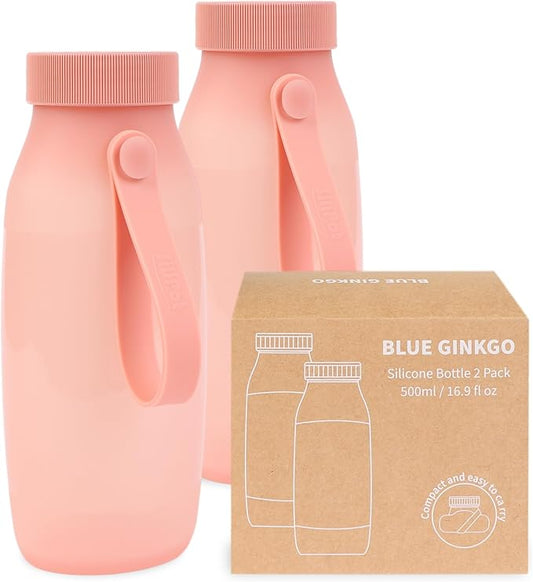 BLUE GINKGO Collapsible Water Bottle [2-Pack] – Lightweight, Foldable Silicone Bottles for Travel, Hiking, and Camping (16.9oz, Made in Korea, Rose Pink)