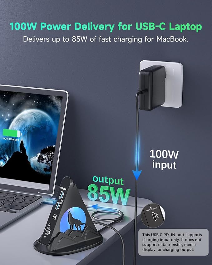 USB C Hub Multiport Adapter, 8-in-1 USB C Dock with HDMI 4K@30Hz, PD 100W, 5Gbps USB-A 3.0x3, USB-Cx1, SD/TF Card Reader, Wolf Gaming RGB USB Tower Hub for MacBook, iPhone16, XPS, Surface, iPad, etc.