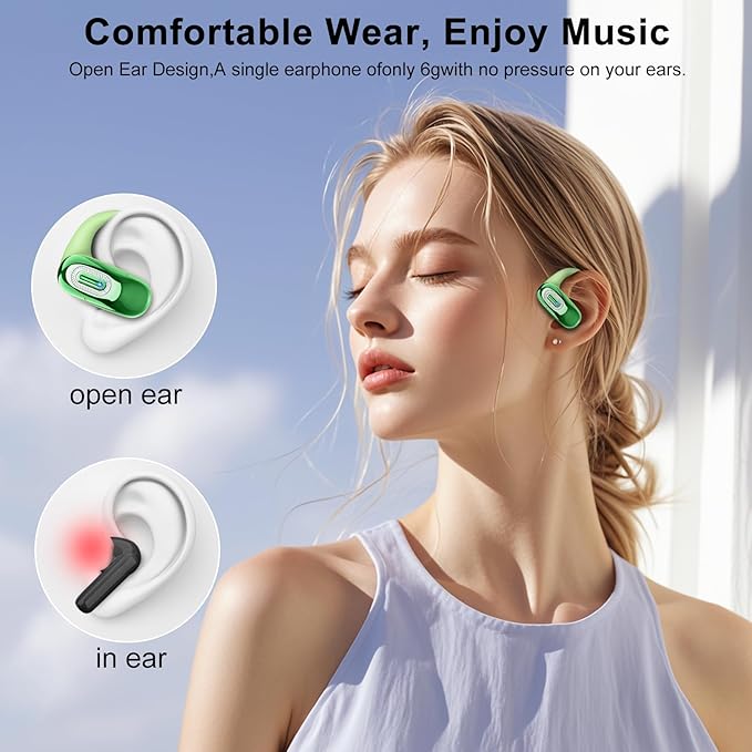 Open Ear Headphones, Bluetooth 5.4 Earbuds, 50H, Air Conduction Ear buds, HD Stereo Bass Over Ear Earphones with Earhooks, Ultra-Comfort Secure Fit, IPX7 Waterproof Headset for Working Sports, Green