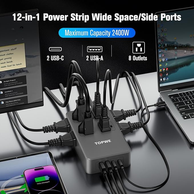 Power Strip Surge Protector with Multiple Outlets, Charging Station(100W Max), Flat Plug Extension Cord 10 Ft Long Cord, 8 Outlets & 4 USB Ports (2 USB C), Desk Charging Station for Home Office