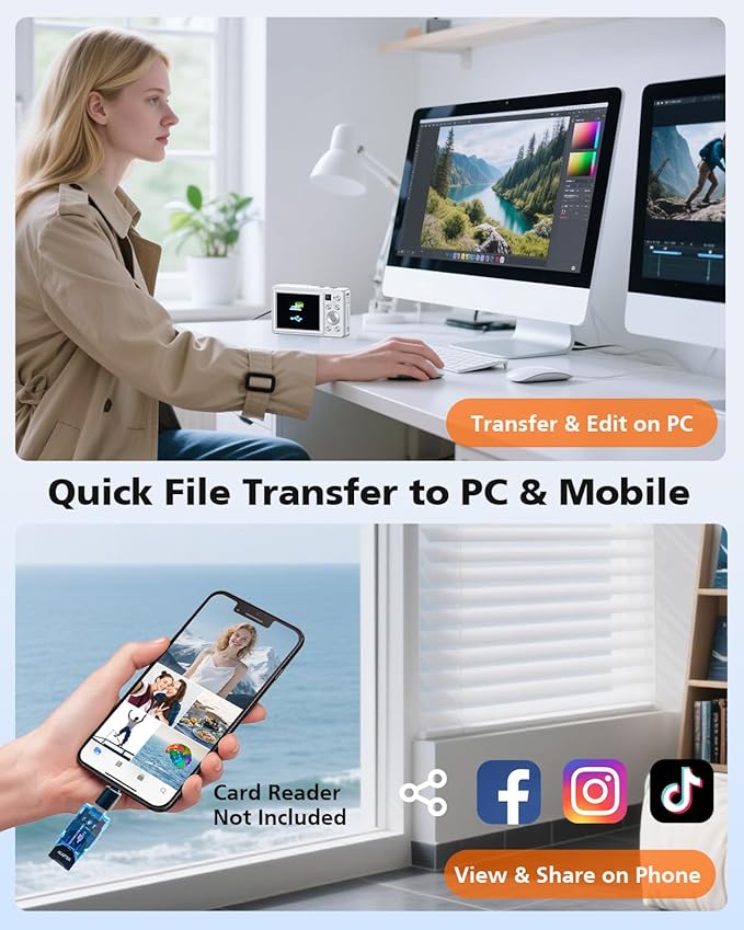 4K Digital Camera, 64MP Autofocus Vlogging Camera with Front Rear Lens, Flash, 16X Zoom, Anti-Shake, 32GB Card, Compact Point Shoot Camera for Teens Adult Beginner Travel Photography(White)