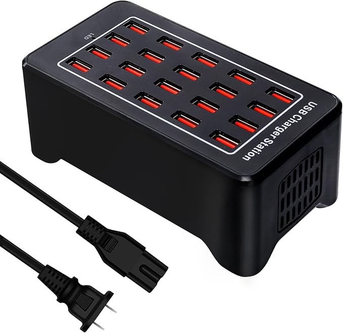 20-Port Desktop USB Charging Station - 100W Multi-Function Smart Charger for Smartphones, Tablets and More Devices