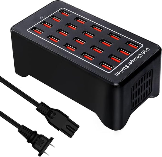 20-Port Desktop USB Charging Station - 100W Multi-Function Smart Charger for Smartphones, Tablets and More Devices
