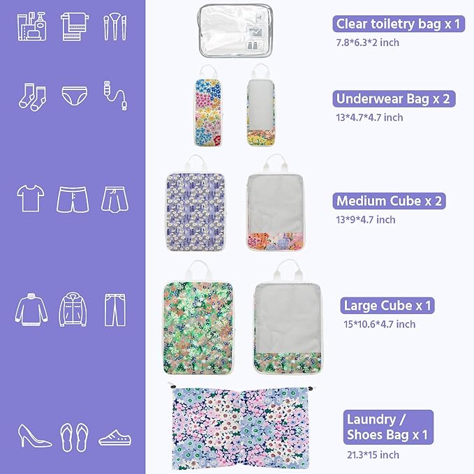 7 Pcs Compression Packing Cubes for Travel, Waterproof Suitcase Luggage Backpack Organizer with Toiletry Bag Travel Essentials for Women/Men-Flowers