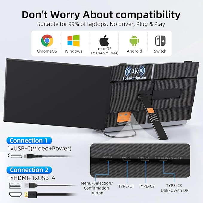 14" Dual Laptop Screen Extender with 1.3lbs - Ultra Thin Portable Monitor for Laptop Plug & Play, FHD 1080P Laptops Extended Monitor for 13"-17" Laptops, USB-C/HDMI Travel Display for Mac/Win