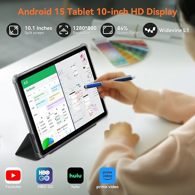 Tablet 10 inch,Android 15 Tablet–Gemini AI,24GB RAM+256GB ROM+2TB,Keyboard & Pen Bundle,Octa-Core, Widevine L1,5G WiFi,Bluetooth 5.0,Smat Lens,5-Year Warranty-Grey