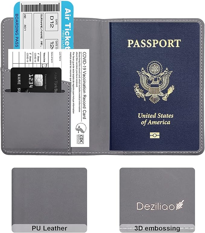 Deziliao Passport Wallet, Gray, Unisex, Faux Leather, Waterproof, Slim, Lightweight, RFID Blocking, 2-in-1 Design, with Document Slots, Credit Card Slots, SIM Card Slots
