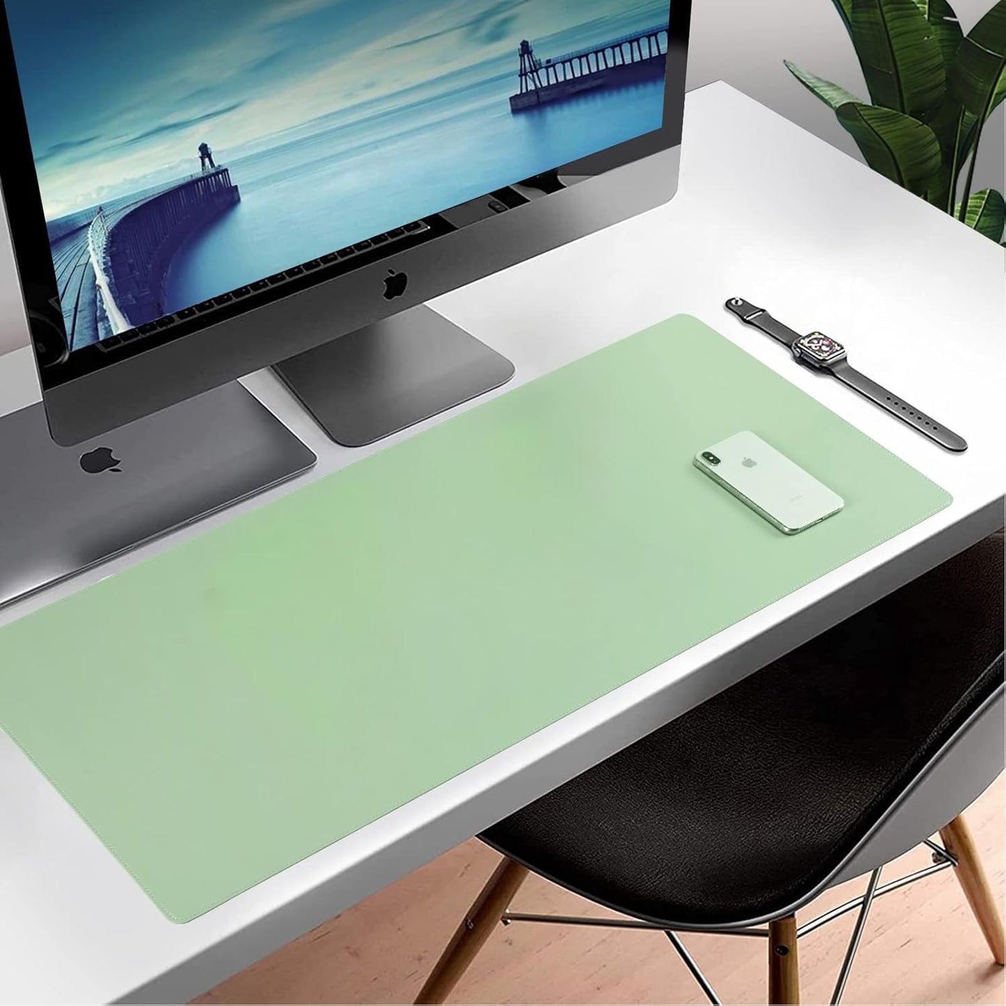 PU Leather Desk Pad,36x17 in Large Computer Desk Mat,Waterproof Non-Slip Desk Blotter Protector,Light Green Big Keyboard Mouse Pad