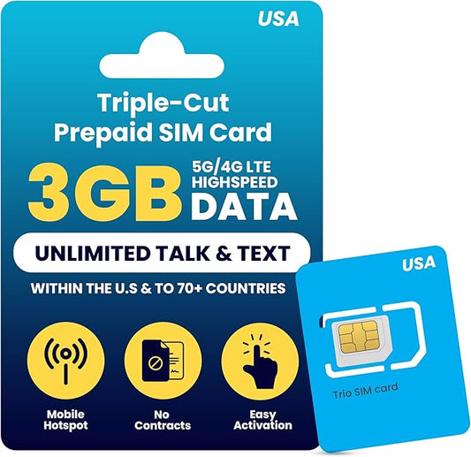 H2O Wireless 120-Day USA Physical Prepaid SIM Card with 3GB High-Speed 4G LTE/5G Data & 2GB Mobile Hotspot, Unlimited Data, Talk & Text to 70+ Countries, Triple-Cut US SIM Card for Cell Phones