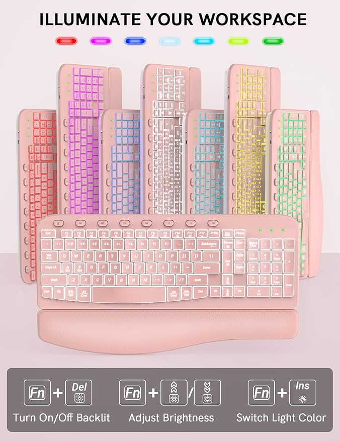 SABLUTE Ergonomic Wireless Keyboard and Mouse Combo - Wave Keyboard with Soft Leather Wrist Rest, Resistant Keys, RGB Backlit Rechargeable Set for PC/Mac/Chromebook (Pink)