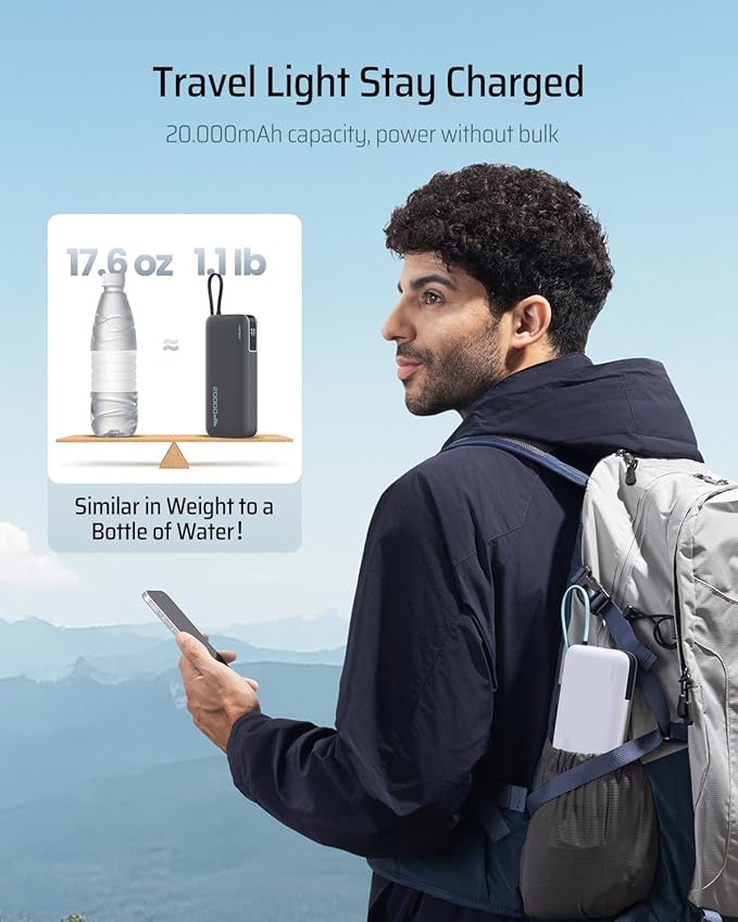 CUKTECH 45W Power Bank 20000mAh, Portable Travel Charger Built-in USB C Cable, Fast Charging Battery Pack for iPhone 16/15/14/13, iPad, Samsung Galaxy, Google Pixel, Android and More (White)