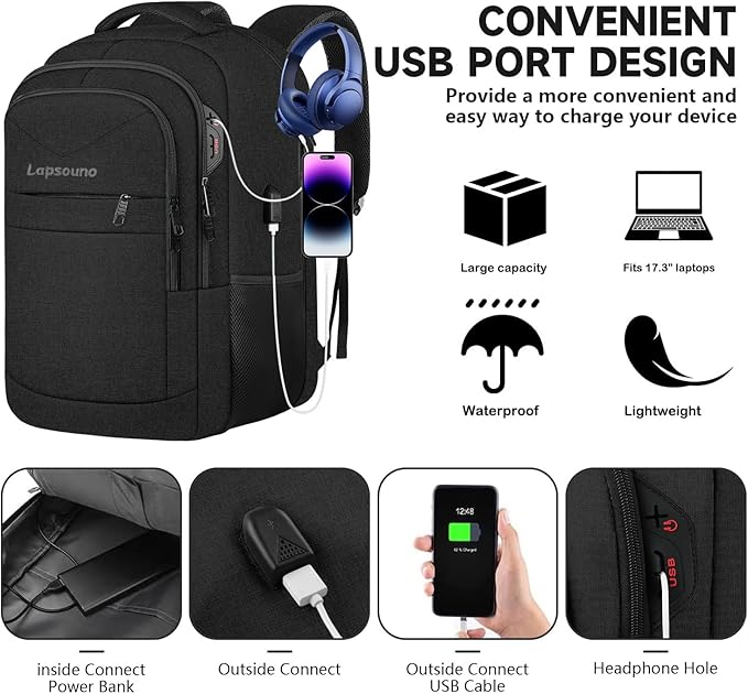 Travel Backpack, Large Carry on Backpack, 17 Inch Laptop Bag, Big Sturdy TSA-Friendly with USB Port College School Rucksack Bag, Gifts for Him Men Women, Black