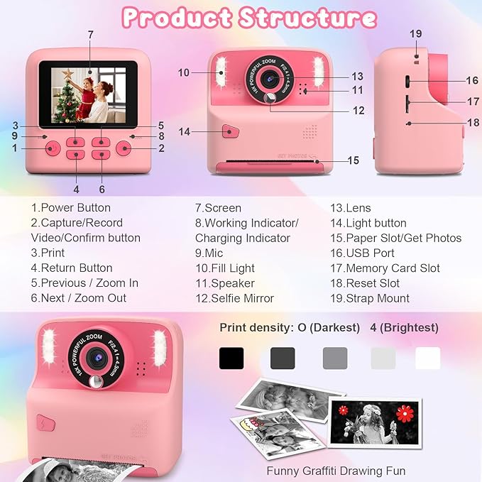 Kids Instant Print Camera, Portable Toys Camera for Toddler, Print Black & White Photos Instantly, Ideal Birthday for Boys & Girls Ages 3–12 (Pink)