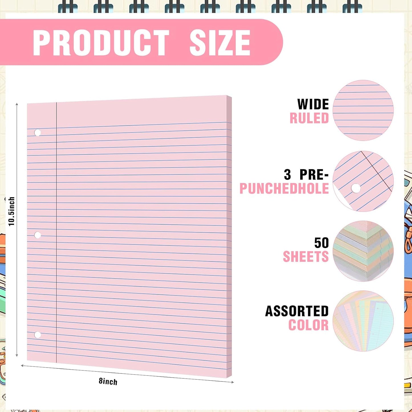 PerKoop 12 Pack 600 Sheets Colored Lined Paper Bulk Wide Ruled 8 x 10.5 Inches, Pastel Loose Leaf Notebook Paper 3 Hole Punched Filler for Back School Classroom Supplies(Light Color)