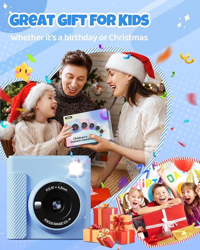 Kids Instant Print Camera, Christmas Birthday Gifts for Girls and Boys, 1080P HD Video Digital Kids Camera with Print Paper & 32G Card, Toddler Toy for 3-14 Years Old (Blue)