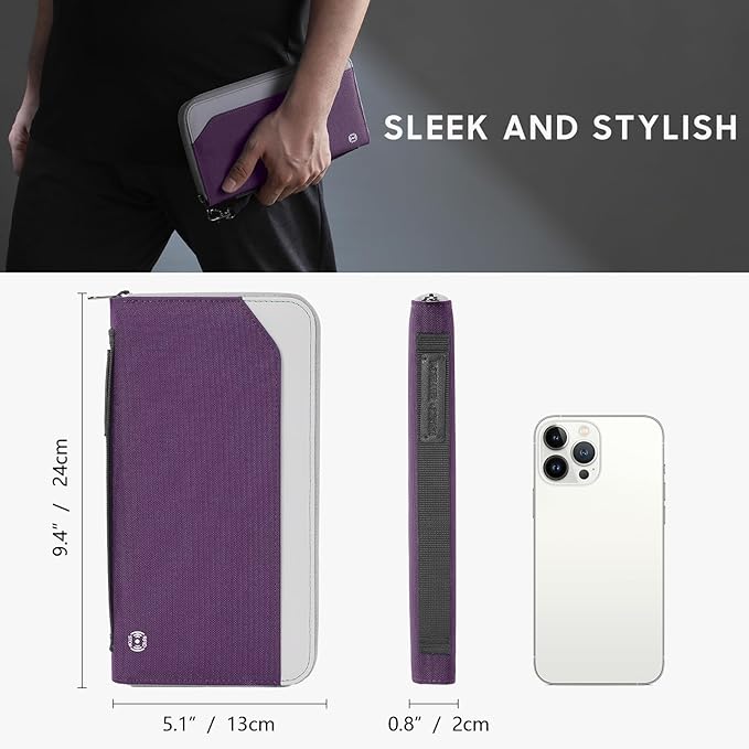 RFID Large Travel Passport Wallet with Airtag & Card Holder - Women Men, Lightweight Passport Cover Case Book Travel Document Organizer with Zipper Pocket, Deep Purple