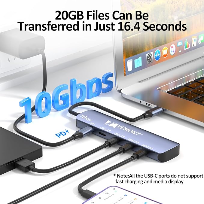 VEMONT 10Gbps USB-C Hub:4-Port 10Gbps Data Transfer and 100W PD Charging for laptops. USB 3.2 Gen 2 Standard. Compatible with MacBook, iPhone, iPad, Surface Pro, and Other USB-C Devices.