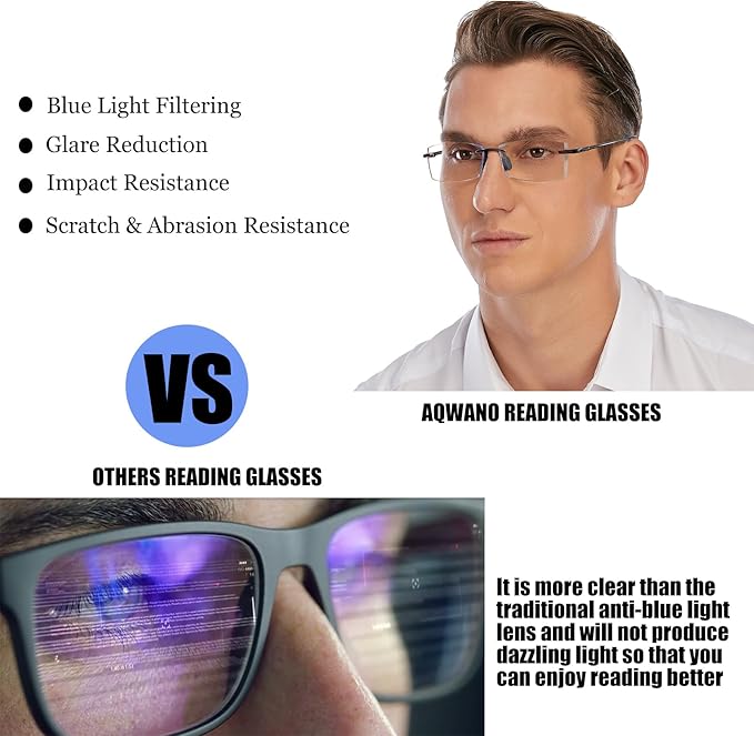 AQWANO Rimless Reading Glasses for men Women TR90 Ultralight Frameless Readers Fashion Designer Computer Anti-reflective Blue Light Blocking,1.0