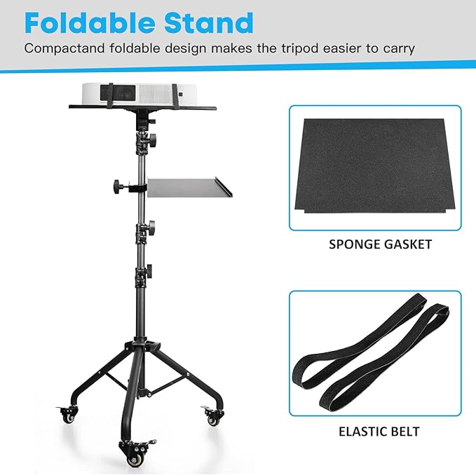 Portable Laptop & Projector Stand with Phone Holder and Mouse Tray ，Adjustable Height Tripod Stand for Laptop, Projector, DJ, Sheet Music，Black