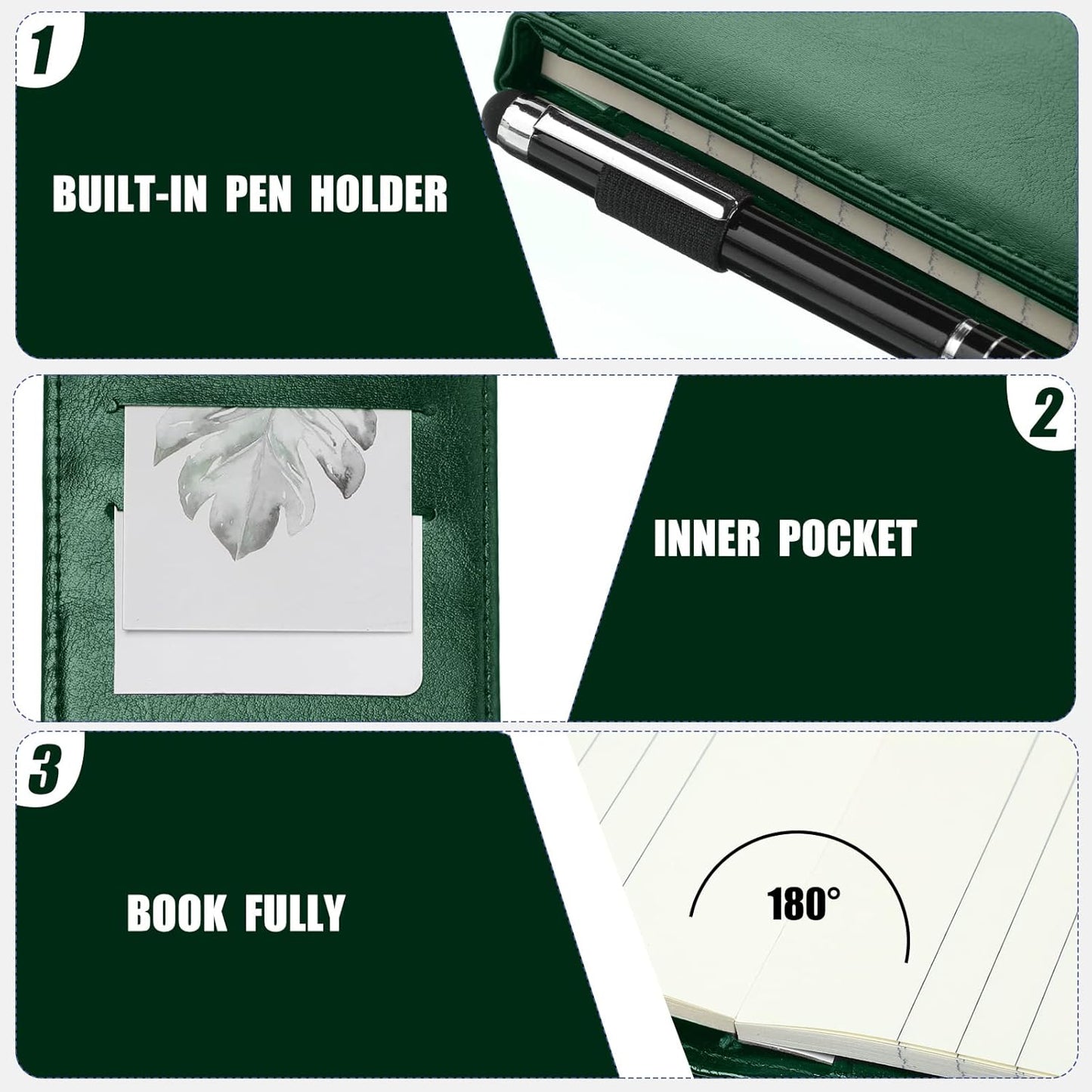 Outus 10 Pcs Pocket Notebook with Pen Set Included Mini Pocket Notepad Holder with 50 Lined Sheets, Metal Pen, 8 Pcs 3 x 5 Inch Memo Book Refills, 30 Lined Paper Per Note Pad (Green)