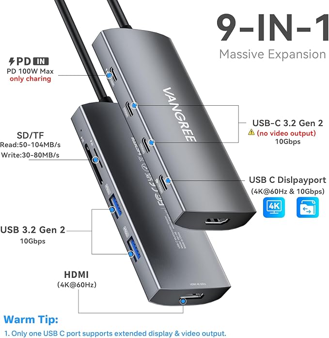 USB C Video Output Hub, 3 USB-C & 2 USB-A 3.2 10Gbps Ports, 4K@60Hz HDMI, 100W PD, SD/TF, USBC Splitter Dual Monitor Adapter for MacBook Pro/Air, iMac, iPad Pro, XPS, Surface, Galaxy S22,Samsung DEX
