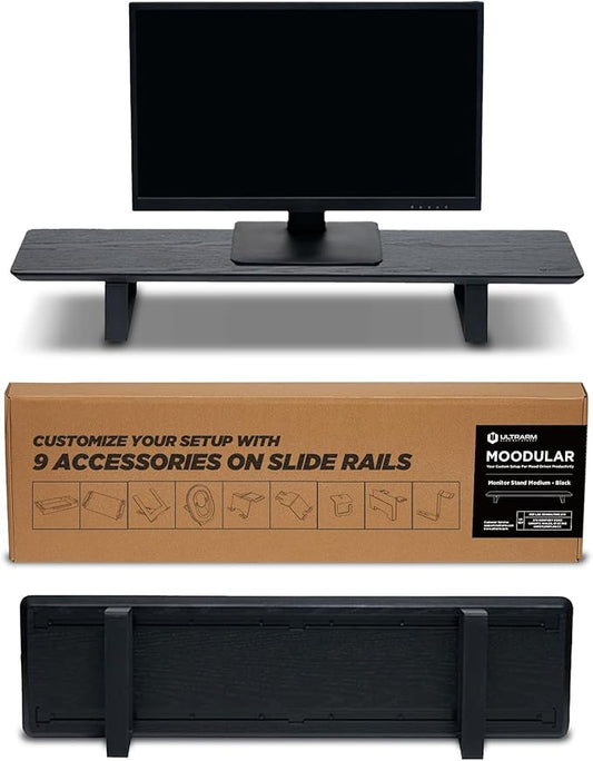 Moodular Wooden Monitor Stand 33.4” (85cm) Desk Organizer with Metal Slide Rails for Drawer, Tray, Laptop, Tablet, Phone & Headphones Customizable Riser for Organized Workspace Black MS85-B
