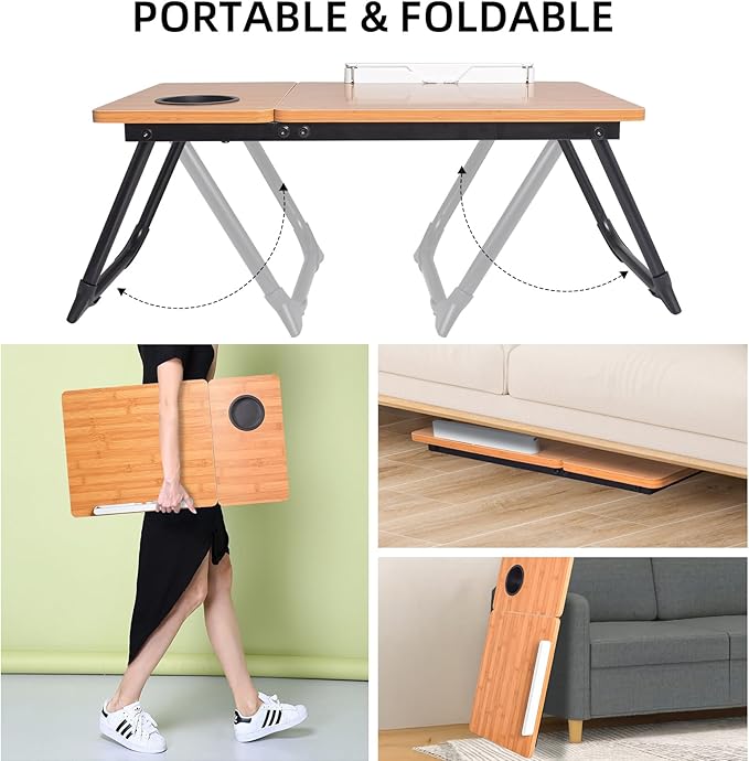 Adjustable Laptop Bed Table with Book Stand, Portable Reading Desk with Side Panel, Wood Grain