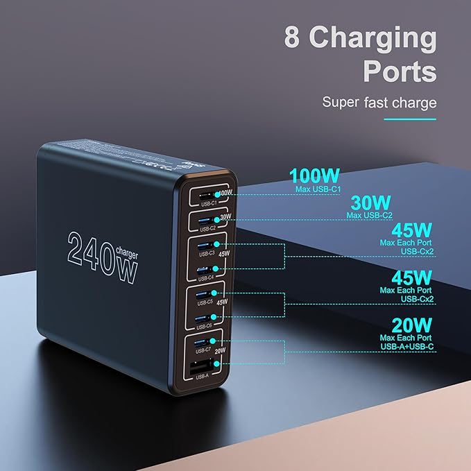 URVNS 240W USB C Charger, 8-Ports Compact GaN PD 100W PPS 45W QC20W Multiport Fast Charging Station for MacBook Laptop, iPhone 16 15 Pro Max, iPad, Galaxy S24 S22, Pixel and More