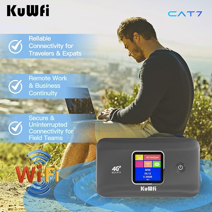 KuWFi 4G+ CAT7 Unlocked 4G LTE Mobile WiFi Hotspot, 300Mbps High-Speed Travel Router with SIM Card Slot for RV/Camping/Trips, Works with T-Mobile AT&T