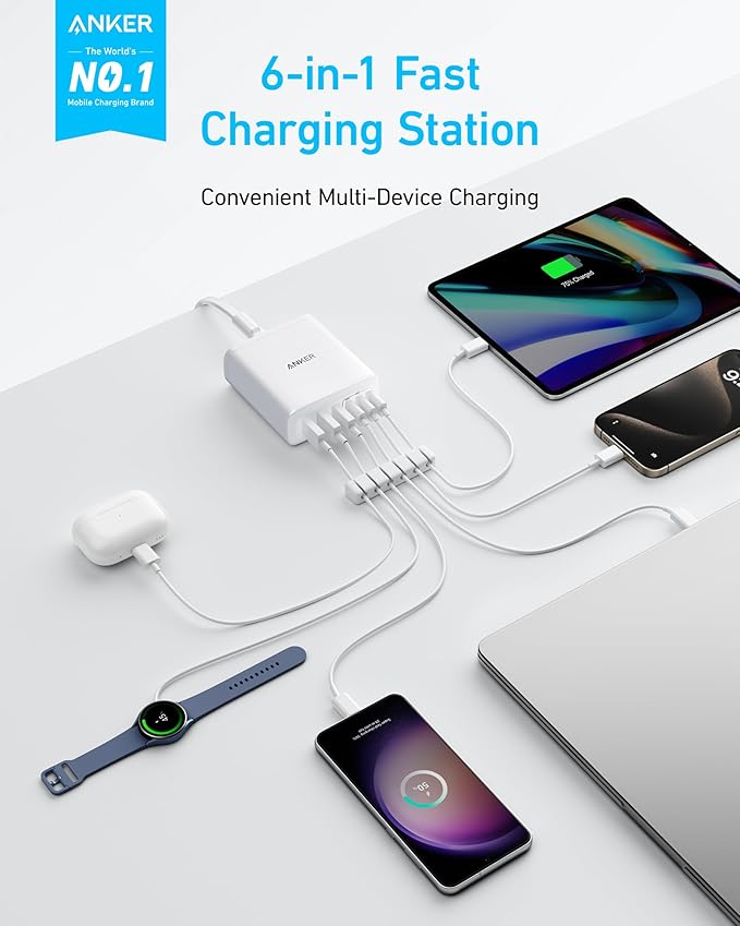Anker Desktop Charger, Fast Charging USB C Charger, 112W Max 6-Port Charging Station, for iPhone, iPad, MacBook, Samsung and More (Cable Not Included)