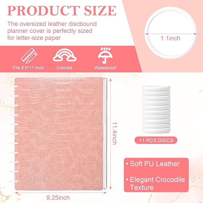 Pu Leather 8.5x11 In Discbound Notebook Cover And Disc Set Discbound Planner Cover With 11 Pcs Expansion Discs Letter Size Disc Bound Notebook Accessories For Office(Pink;No Inner Paper)