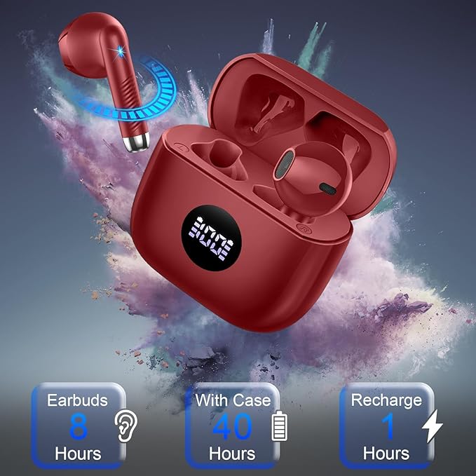Wireless Earbuds, Bluetooth 5.4 Headphones LED Power Display Ear Buds Bass Stereo, Bluetooth Earbuds in-Ear Noise Cancelling Mic, 40H Playback Mini Case IP7 Waterproof Sports Earphones for Android iOS