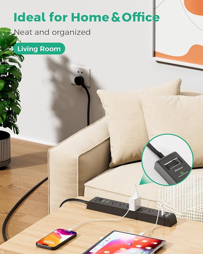 2 Pack Surge Protector Power Strip with 6 Outlets 4 USB Ports (2 USB C) 5-Foot Extension Cord Flat Plug 900 Joules 15A Circuit Breaker Wall Mount Desk USB Charging Station for Home Office