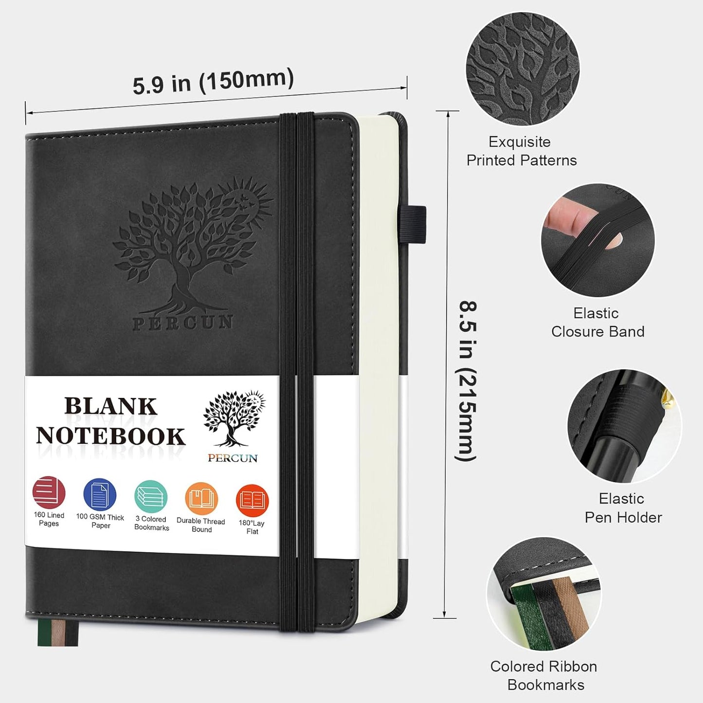 PERCUN Blank Journal Ntebook for Men & Women, 160 Pages Blank Journals for Writing, Drawing,Sketch Book,5.9" x 8.5" Leather Sketchbook, Unlined Notebook for Work, School, Art - Black