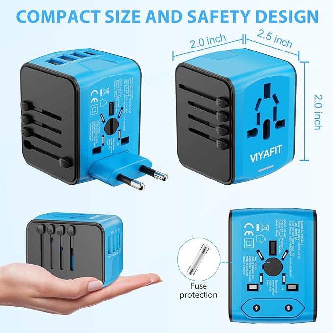 Universal International Travel Power Adapter, All in One Wall Charger with High Speed 2.4A 3xUSB, 3.0A Type-C, European Adapter, Worldwide AC Outlet Plugs for UK, CA, EU, AU, Asia (Blue)