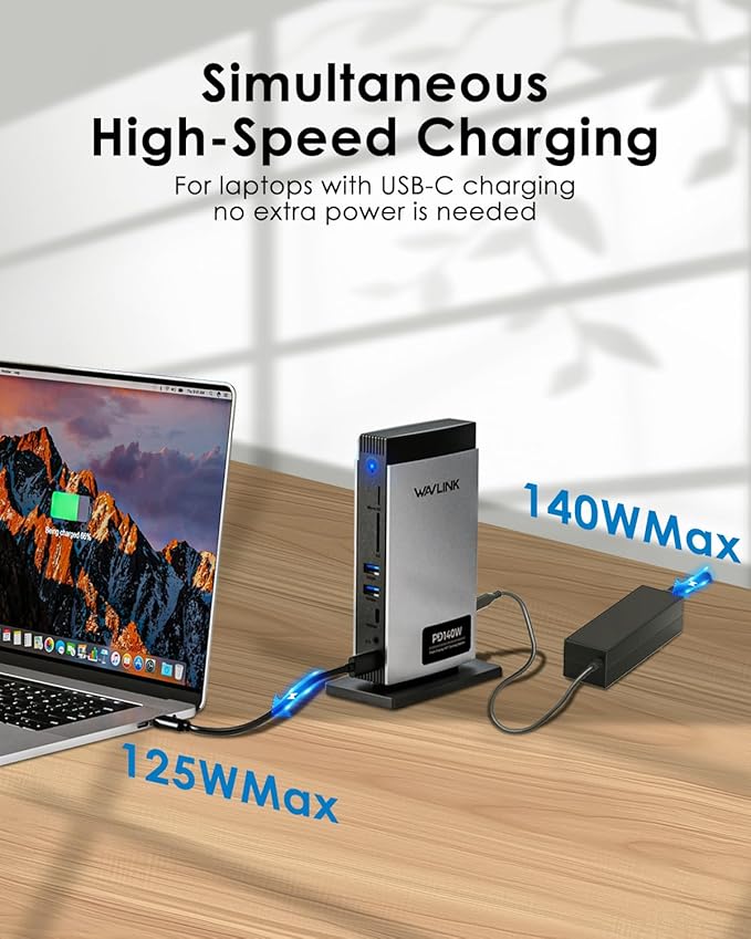 WAVLINK Laptop Docking Station 3 Monitors(Max Resolution: Single 8K or Triple 4K), 11-in-1 USB C Docking Station with 125W PD3.1 Pass-Through & Power Adapter, 2*HDMI + DP, for MacBook M1–M4 & Windows