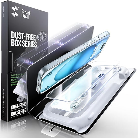 SMARTDEVIL 3 Pack Screen Protector for iPhone 15, Bubble-and-Dust-Free Box, HD Tempered Glass, Military Grade Shatterproof & Ultra Durable, Easy Installation