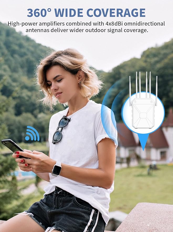 Outdoor WiFi Extender AX1800, Outdoor High Power Long Range WiFi Booster with 6 Antennas, Dual Band Outdoor Access Point Gigabit Port, WiFi Extenders Booster for Backyard, Garage, Farm, Pool