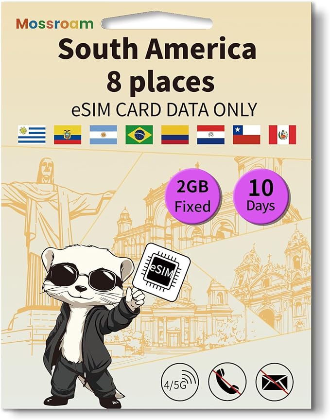 eSIM for 8 Countries in South America Trave Internationa Travel,4/5G LTE Prepaid 10 Days Plan,2GB Daily Data Only