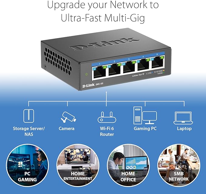 D-Link 5-Port 2.5GB Unmanaged Gaming Switch with 5 x 2.5G - Multi-Gig, Network, Fanless, Plug & Play (DMS-105),Black