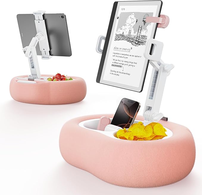 Tablet Kindle Pillow Stand Holder with 2 Trays Fit 4''-13'' Phone/Tablet/Kindle iPad Holder Stand for Bed with Soft Plus Fabric Reading Accessories Gift, Pink